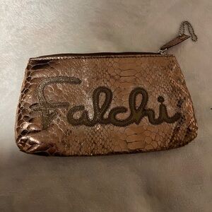 Falchi Bronze Rose Gold Snakeskin Print Pouch Clutch Small Makeup Bag NWOT